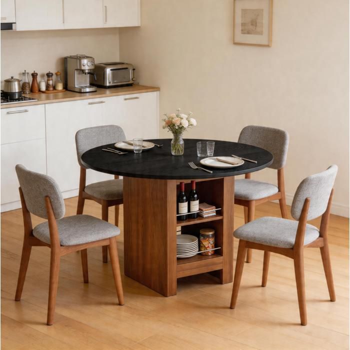 WOVREO table a manger ronde 100 cm avec rangement ouvert MDF aspect noyer et plateau noir 2-4 personnes