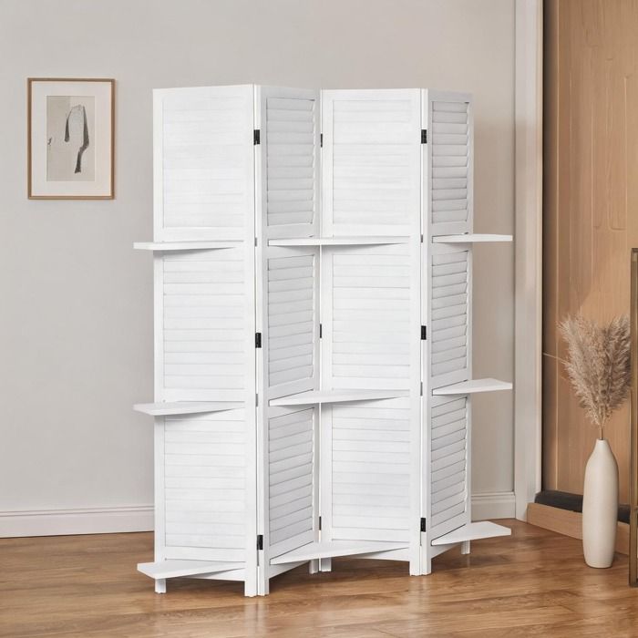 Paravent blanc 4 panneaux bois paulownia avec étagères 160x170 cm séparation de pièce