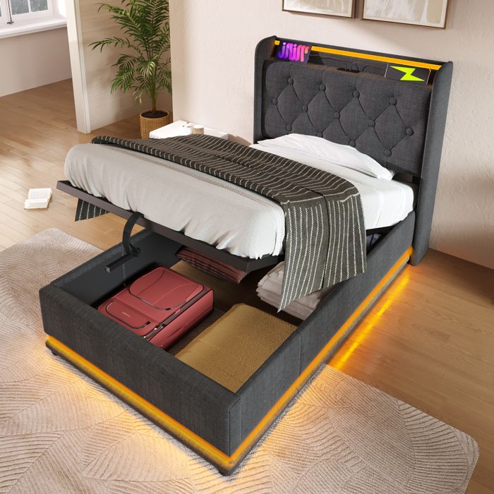 Lit coffre - ZEVKOR - Lit Coffre 1 Place - 90×200 cm - LED 360° & USB/Type-C - Matelas 25 cm ressorts ensachés