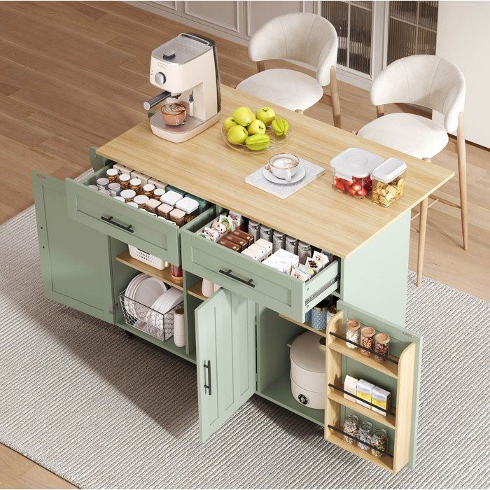 Meuble rangement cuisine desserte de cuisine vert antique 129 cm avec plan de travail rabattable 2 tiroirs 3 portes ORVRYN