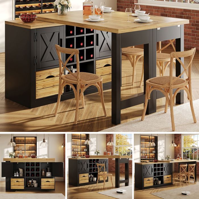 Îlot Central de Cuisine - Table Extensible 120-197 cm - Plateau Pivotant à 360° - buffet de rangement - casier à bouteilles-Noir