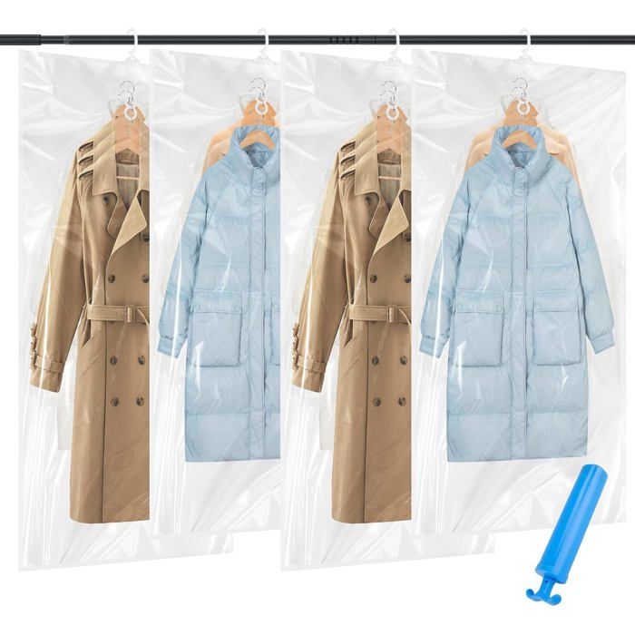 4 Pièces Housses Sous Vide Suspendues 130×70 + 110×70 cm Avec Pompe Manuelle Pour Costumes Manteaux Vestes Et Robes