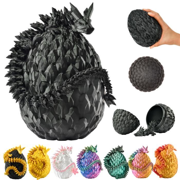 Figurine décorative dragon articulé 30 cm avec œuf de 10 cm statuette imprimée en 3D objet de collection - Noir