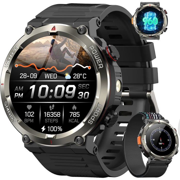 Montre Connectée Homme 960mAh 100 Jours Veille Noir Tactique 12 Tests Militaires Lampe LED Boussole Appel Bluetooth 100+ Sports