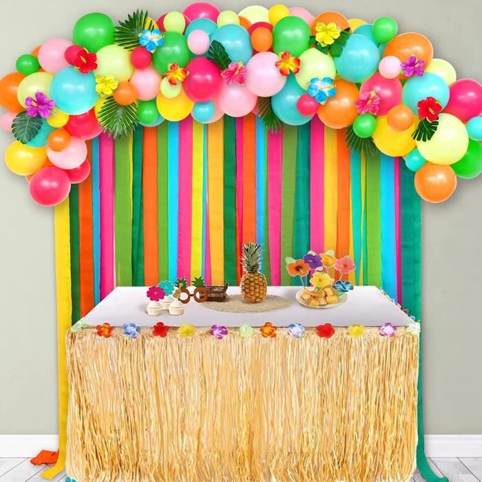 Kit Déco Fête Hawaïenne 114 Pièces - Jupe De Table, Guirlandes, Fleurs Et Accessoires Luau Pour Soirée Tropicale