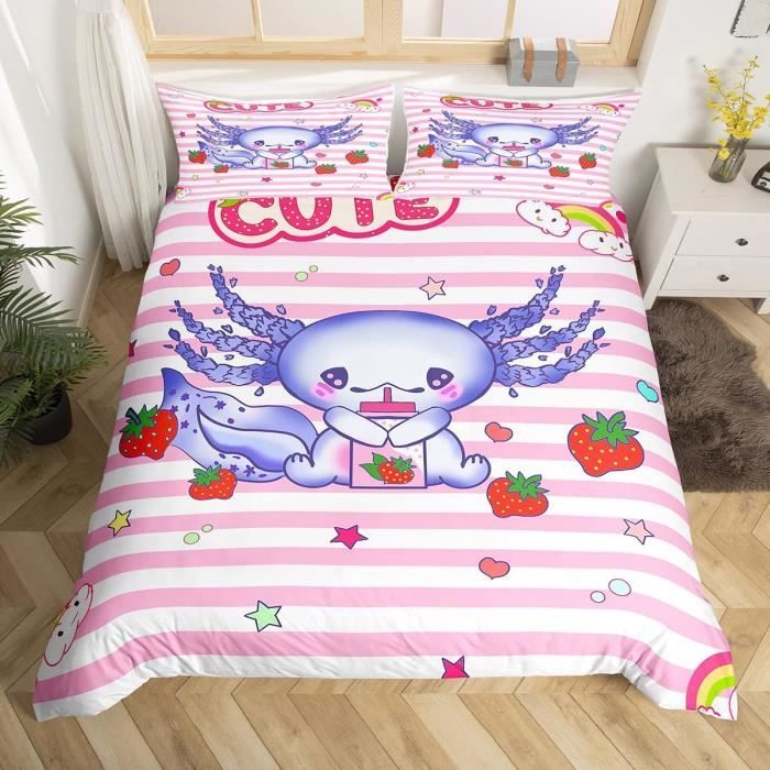 Housse De Couette Enfant 90x190 Cm + 2 Taies - Thème Axolotl Rose, Microfibre Douce, Fermeture Éclair
