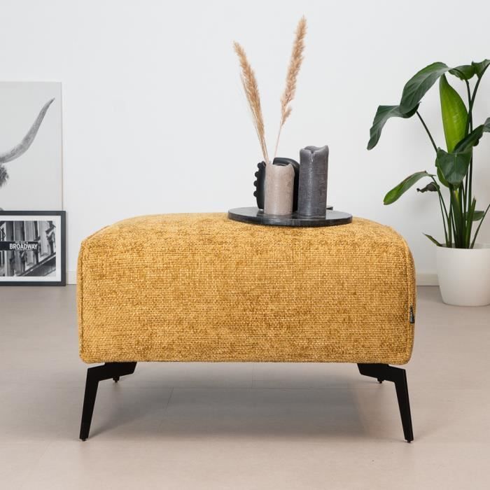 Pouf scandinave Vegas jaune ocre / cognac - Livin24 - Chenille - Ressorts Nosag - 78x78 cm