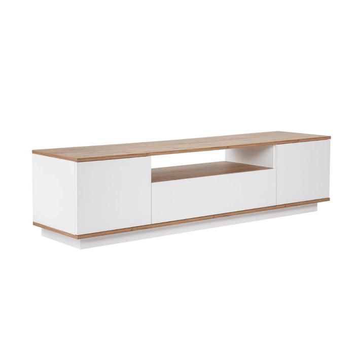 CALICOSY - Meuble TV 3 portes rabattables et 1 niche L180 cm - VERAMONT - Blanc/ Pin atlantique CALICOSY - Meuble TV 3 portes rabattables et 1 niche L180 cm - VERAMONT - Blanc/ Pin atlantique