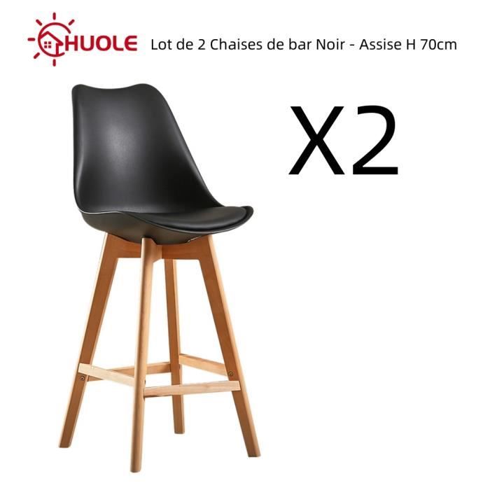lot de 2 chaises de bar huole en bois hêtre massif et coussin pu - scandinave noir - assise h 70cm
