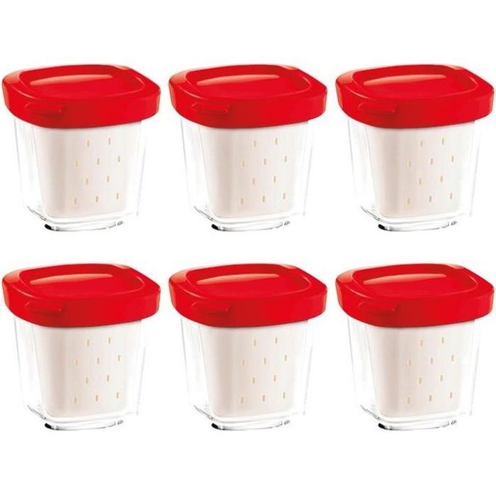 Yaourtière SEB Multi Délices XF100501 - Coffret de 6 pots en verre avec égouttoir et couvercle rouge