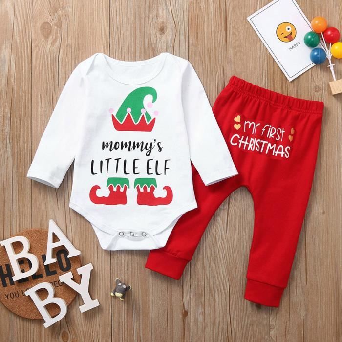 Ensemble Vêtement Noël Bébé Fille 4 Pièces - Barboteuse Manches Longues + Jupe + Collants + Nœud - Pour Nouveau-né Jusqu'à 12 Mois - 4