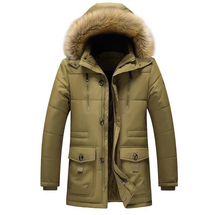 Manteau Hiver Homme Capuche Fausse Fourrure Doublée Polaire Zippe Chaud Couleur Unie Kaki