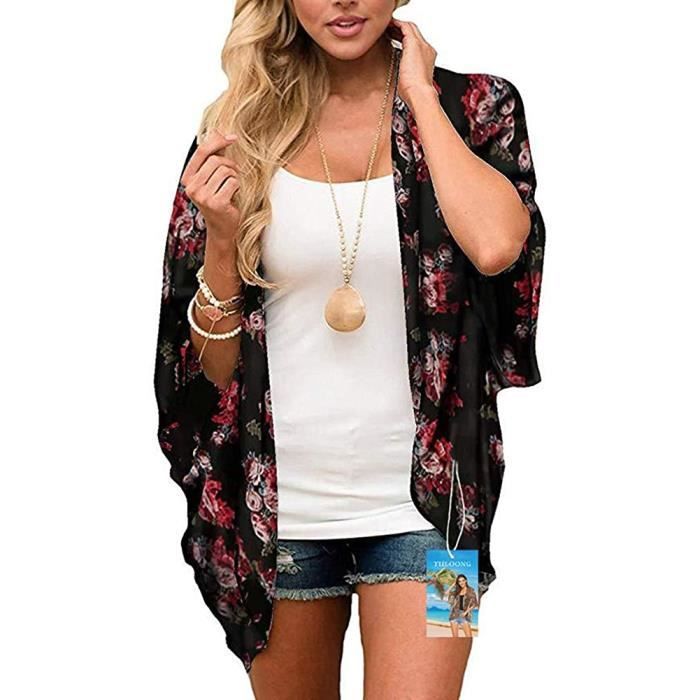 Kimono Femme Mousseline De Soie Fleurie - Cover Up Plage Léger Et Élégant