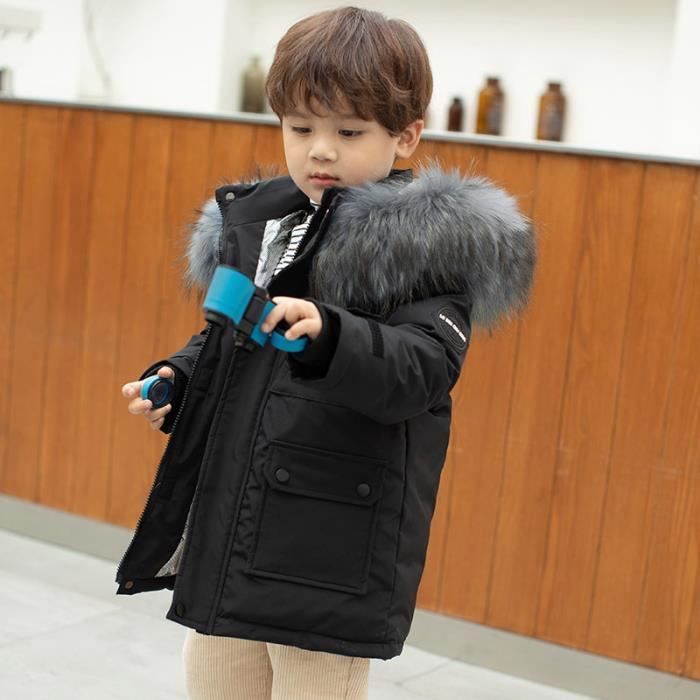 Parka Gar on Hiver Chaud Mi Long Fausse Fourrure Multi Poches Noir