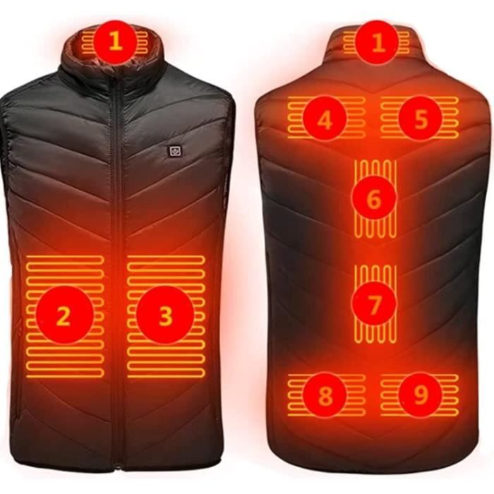 Doudoune à Capuche Chauffante - Homme Femme - Noir - Température à 3 Niveaux - Chauffage Infrarouge - Coupe-vent Noir - Sport