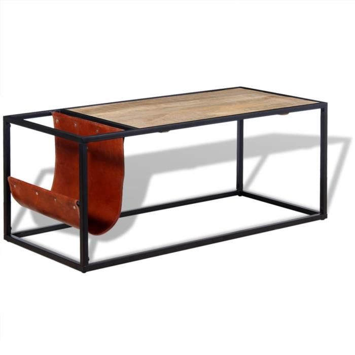 Table basse style contemporain Table de Salon avec porte-revues Cuir véritable 110 x 50 x 45 cm