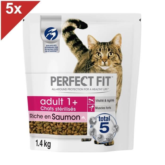 Meilleurs prix pour PERFECT FIT Croquettes riches en saumon pour chat adulte stérilisé 5x1,4kg