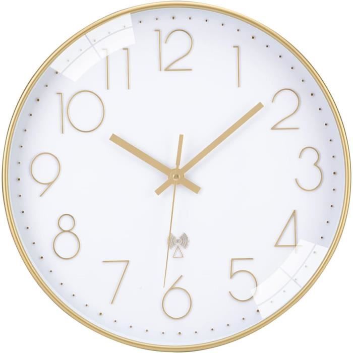 Topkey Horloge murale de 30,5 cm - Chiffres arabes - Silencieuse, sans tic- tac - Ronde et décorative - Pour bureau, salon, chambre à coucher, cuisine (pile non incluse) - Jaune
