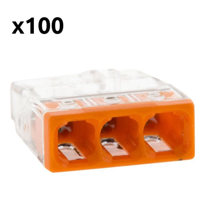 Lot de 100 mini bornes de connexion rapide S2273 pour fils rigides - 3 entrées