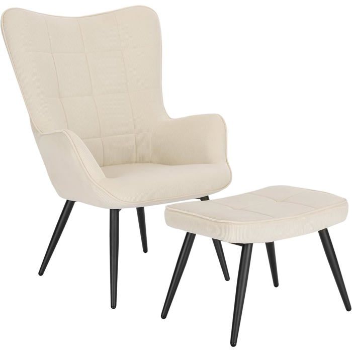 Fauteuil de relaxation en velours côtelé - WOLTU - Avec repose-pieds - Dossier haut - Blanc crème - Hauteur 99 cm Fauteuil de relaxation en velours côtelé - WOLTU - Avec repose-pieds - Dossier haut - Blanc crème - Hauteur 99 cm