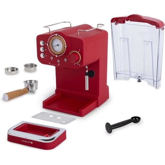 Machine à Café Expresso CREATE THERA RETRO MATT - 20 Bars - Réservoir 1,25L - Café Moulu & ESE - Rouge/Bois