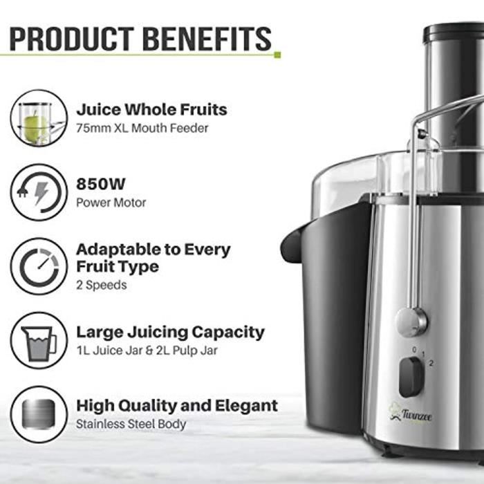 Centrifugeuse Extracteur De Jus 800W - 3 Vitesses, Bouche Large 75 Mm, Acier Inox Sans BPA - Fruits & Légumes
