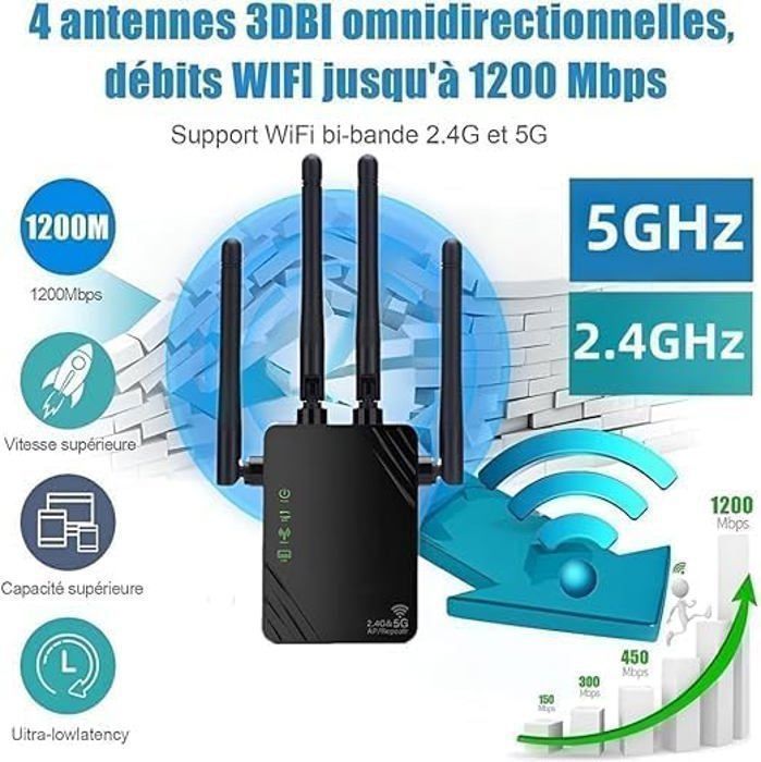 éliminer Zones Mortes Réseau Maison Répéteur WiFi, Double Bande 2.4G / 5G 1200Mbps Repeteur WiFi Amplificateur Wifi Couvrant Jusqua 10 000 Pieds Carres 2 Ports Lan Pour La Maison Et Le Bureau