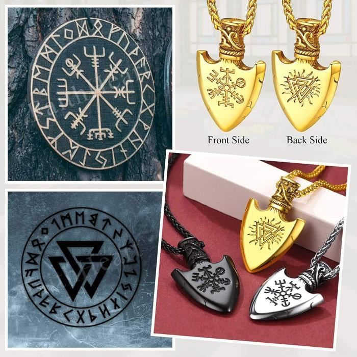 Collier Viking Vegvisir Homme - Pendentif Bouclier Runique En Acier Inoxydable, Chaîne 55+5 Cm