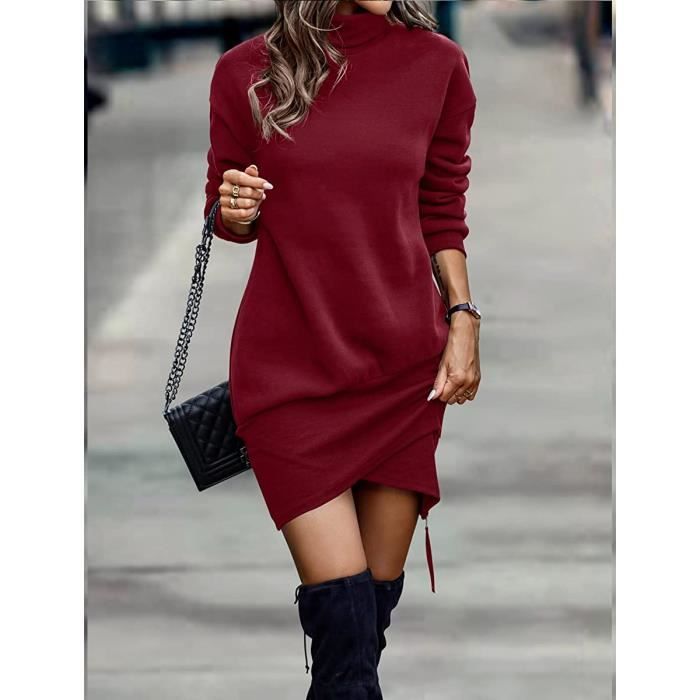 Robe Rouge Hiver Femme Femme Sweat à Capuche Robe Chaud Laine Col