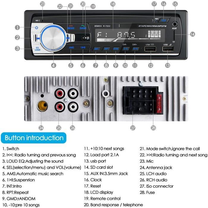 RDS Autoradio Bluetooth Main Libre CENXINY 4 x 65W Poste Radio