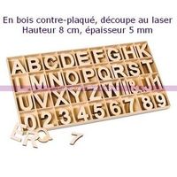Chiffres et lettres alphabet Bois contre-plaqué, haut. 8 cm x ép 5 mm, Complet - Unique