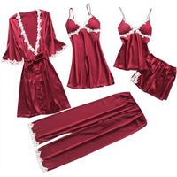 Sasaquoy Nuisette - Deshabille Femmes Sexy Dentelle Lingerie De Nuit Sous-Vêtements Babydoll Robe 5PC Costume Rouge bourgogne