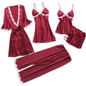 Nuisette - Déshabillé Sasaquoy Nuisette - Deshabille Femmes Sexy Dentelle Lingerie De Nuit Sous-Vêtements Babydoll Robe 5PC Costume Rouge bourgogne