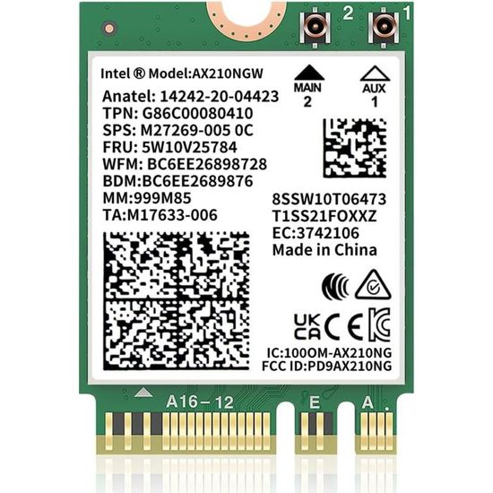 AX210 Carte WiFi 6E PC Portable Bluetooth 5.3 - AX210NGW M.2 WiFi 6 2400Mbps Windows 10/11