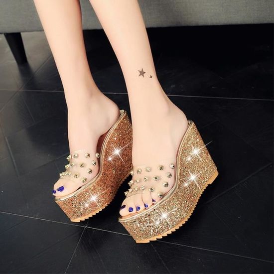 Niulatu PVC Transparent Crystal Sun Flowers Buckle Womens Slippers Summer Square Toe Ladies Strange High Heels Sandals Shoes DJSE main image 1