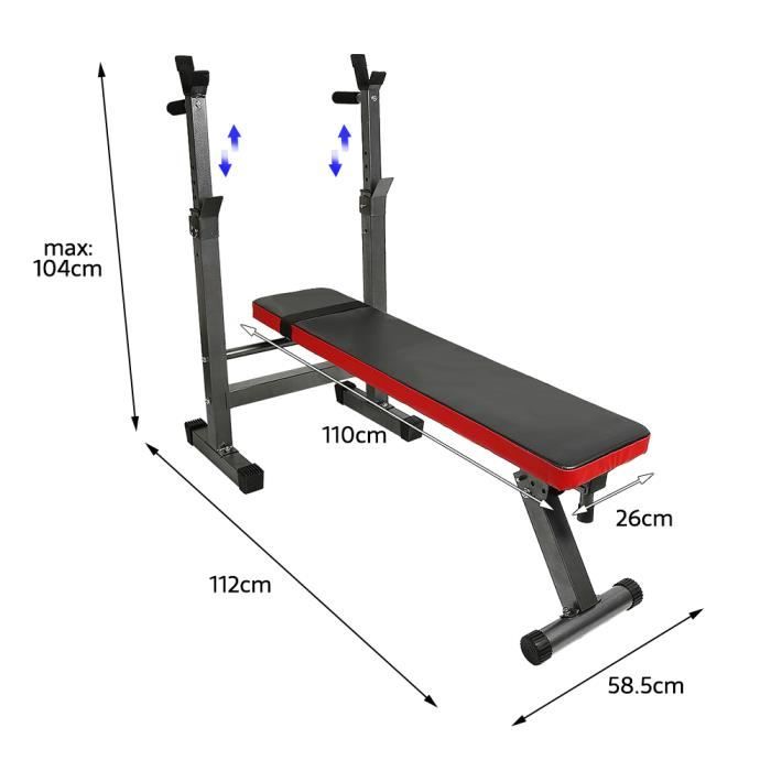 Banc de Musculation avec Support d'haltères - Banc Pliable Réglable, Charge max. 200kg - Banc de Poids, d’Entraînement(Noir et rou