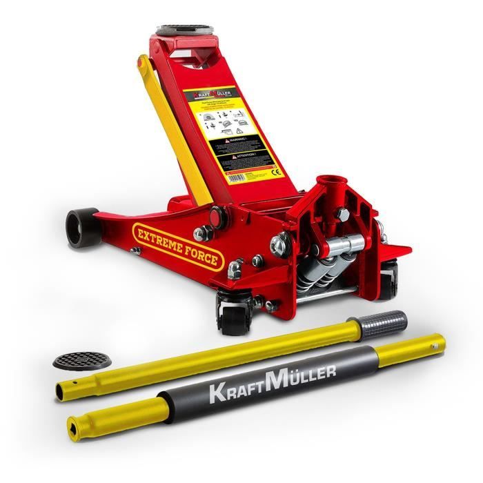 Cric hydraulique Kraft Müller PRO K497, Haut. de levage 49,5cm, Levée rapide grâce au système à double-pompe,Rouge/Jaune