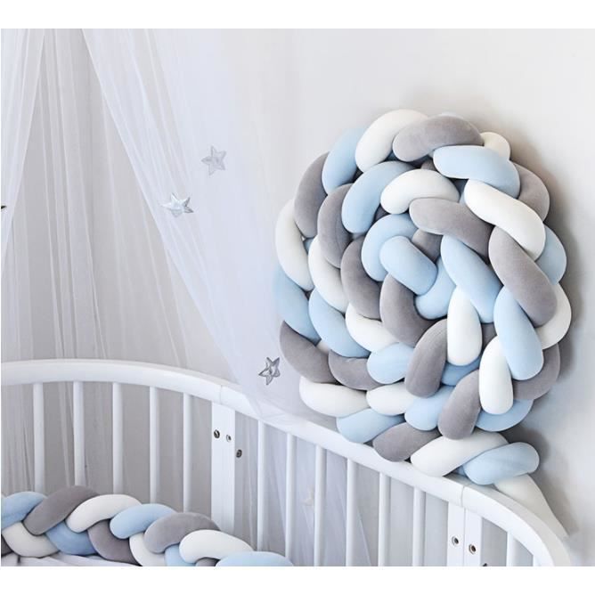 2M Tour de lit coussin Serpent Coussin Tressé pare-chocs Velours Protection bébé 100% Fait à Main （Bleu+Blanc+Gris）