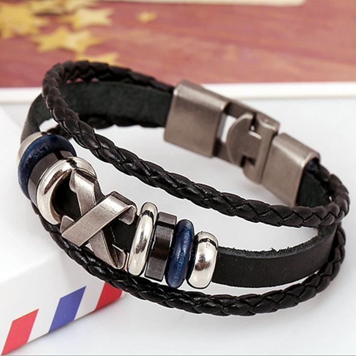 Bracelet Croix Multi Rang Tressé PU Cuir Métal Manchette Homme Femme