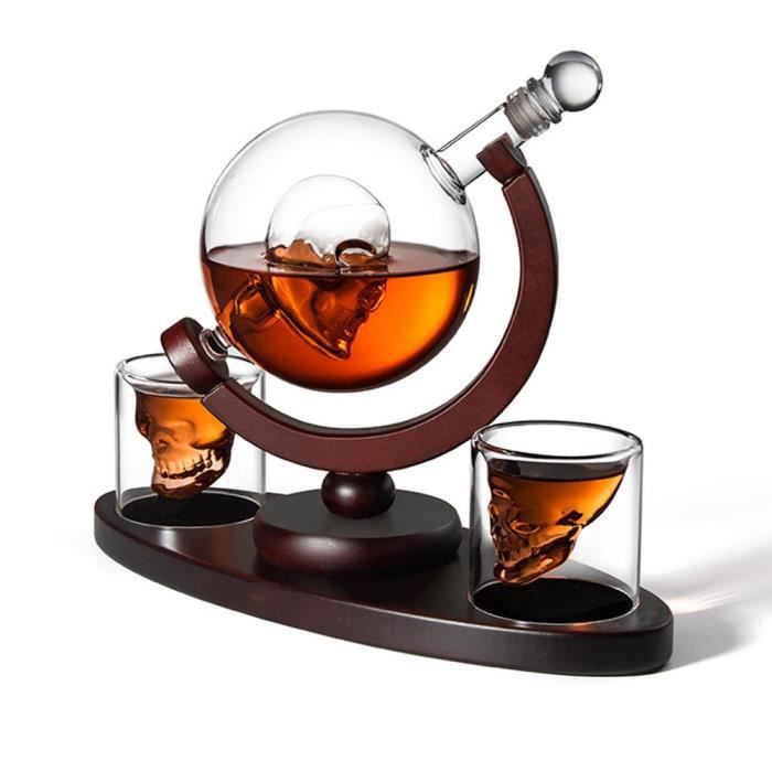 Carafes vin,Décanteur bouteille de Whisky cristal, tête de mort, Vodka Globe avec 2 verres, distributeur de liqueur bouteille de