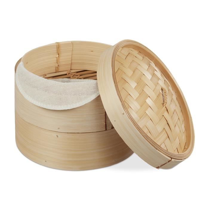 Relaxdays Bambus Dampfgarer, asiatischer Dämpfkorb mit 2 Etagen, für Dim Sum, Reis, Dampfgarer Einsatz D 20,5 cm, natur -