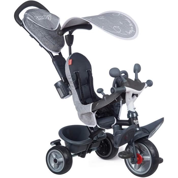 Smoby - Tricycle Baby Driver Plus Gris - Vélo Evolutif Enfant Dès 10 Mois - Roues Silencieuses - Frein de Parking