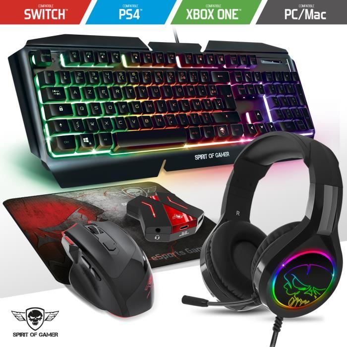 Pack RGB Clavier, souris, casque, tapis pour gamer console Compatible PS4 / Xbox one / Xbox serie S|X / Switch / PC