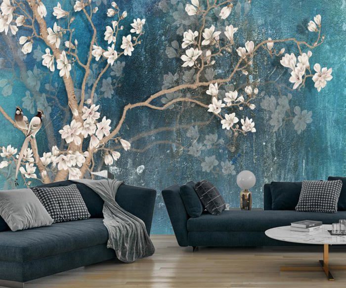 Papier Peint Panoramique 3D Soie, 356 x 250 cm Magnolia Bleu, Oiseau ...