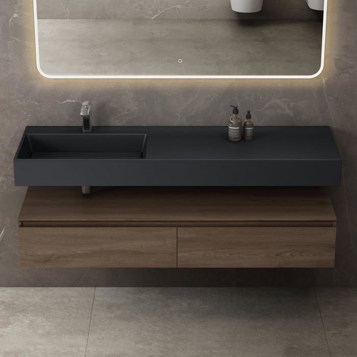 Mai & Mai Meuble de Salle de Bain Marron Ensemble de 2 Pièces Meuble avec Lavabo 150cm Meuble avec 2 Grands Tiroirs Mai & Mai Meuble de Salle de Bain Marron Ensemble de 2 Pièces Meuble avec Lavabo 150cm Meuble avec 2 Grands Tiroirs