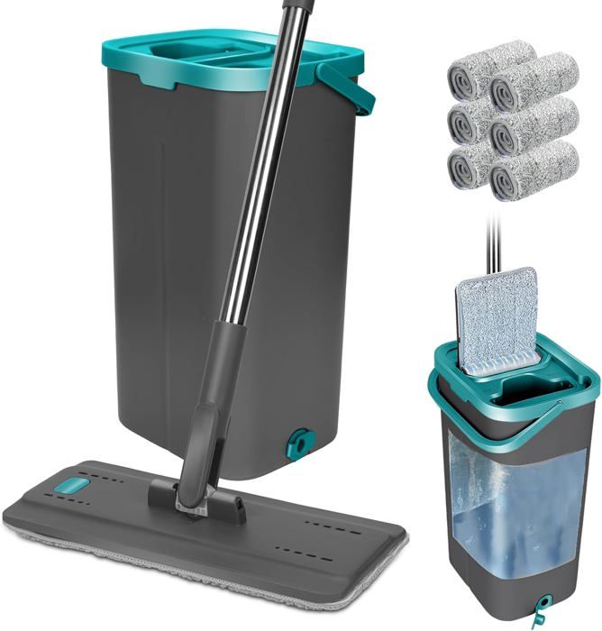 Balai Plat Microfibre + Seau Essoreur - 10 Lavettes Réutilisables, Manche Réglable 140cm