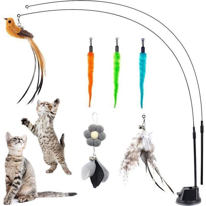 Meilleurs prix pour Jouet à Plumes pour Chats , Jouets interactifs pour Chats avec 2 Baguette Magique et 6 Plumes avec Cloche , avec ventouse Amovible