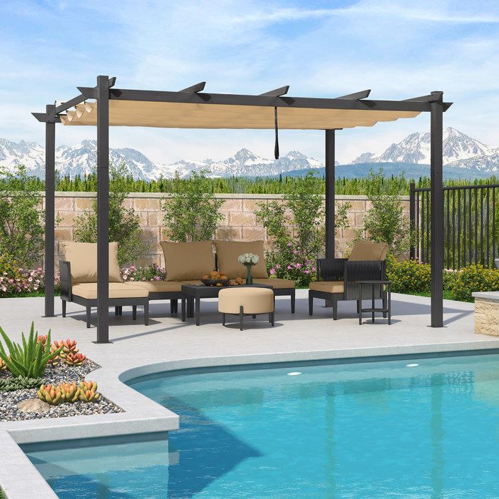 Pergola Aluminium 3 x 4 m Tissu Teint en Fil Pergola pour Terrasse Extérieur Toit Coulissante cadre Gris，Beige PURPLE LEAF