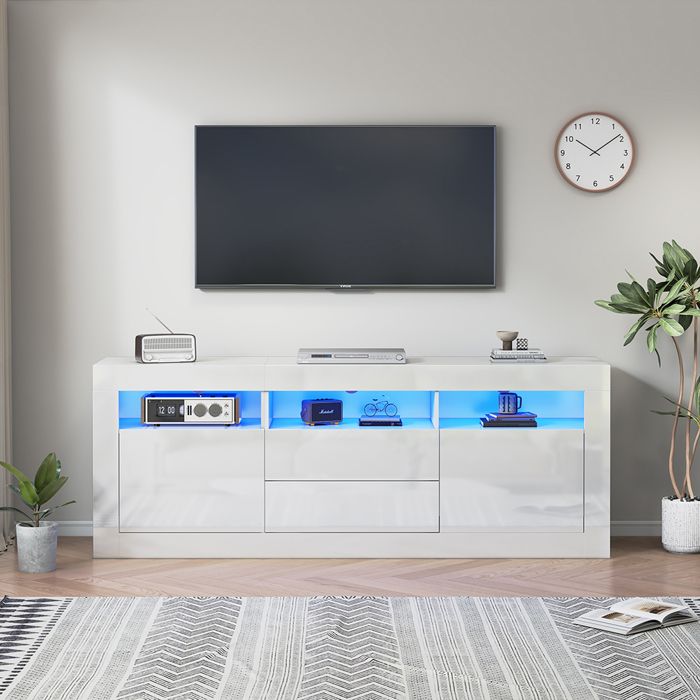 Meuble TV Armoire TV avec éclairage LED 3 compartiments ouverts 2 portes 2 tiroirs pour TV 70 pouces - SWEIKO - Blanc Meuble TV Armoire TV avec éclairage LED 3 compartiments ouverts 2 portes 2 tiroirs pour TV 70 pouces - SWEIKO - Blanc