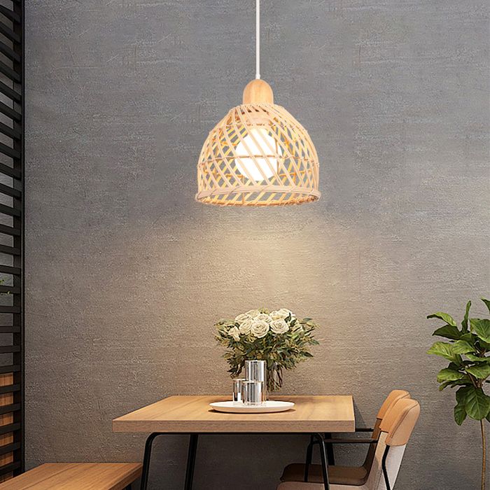 TOKIUS Lampe Suspension Simple Naturelle - Lustre Bambou Tissé et Bois - E27 Éclairage Salon Salle détude Café - 1 Luminaire Ø
